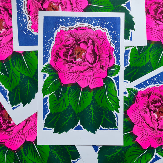 Blue Peony Risograph Print